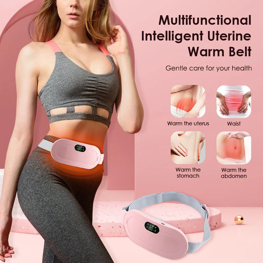 Woman wearing a pink multifunctional intelligent uterine warm belt for period cramp relief belt with strap