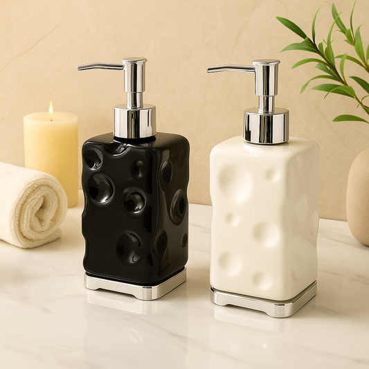 Black and white plastic soap dispenser set with silver pump and textured design for bathroom use