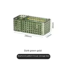 Dark green gold plastic tissue organizer box with diamond pattern and dimensions 240mm by 120mm by 58mm