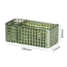 Clear green plastic tissue organizer box with diamond pattern and two compartments measuring 240mm by 120mm