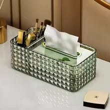 Clarify.pk plastic tissue organizer box with black and white checkered design holding makeup brushes and tissues