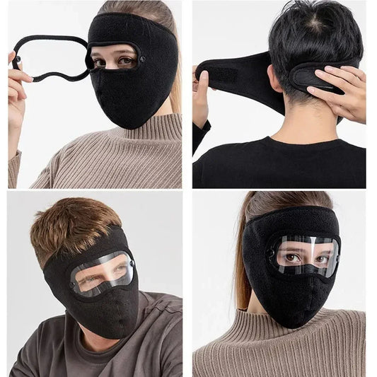 Black polar fleece winter mask with goggles shown from different angles on male and female models
