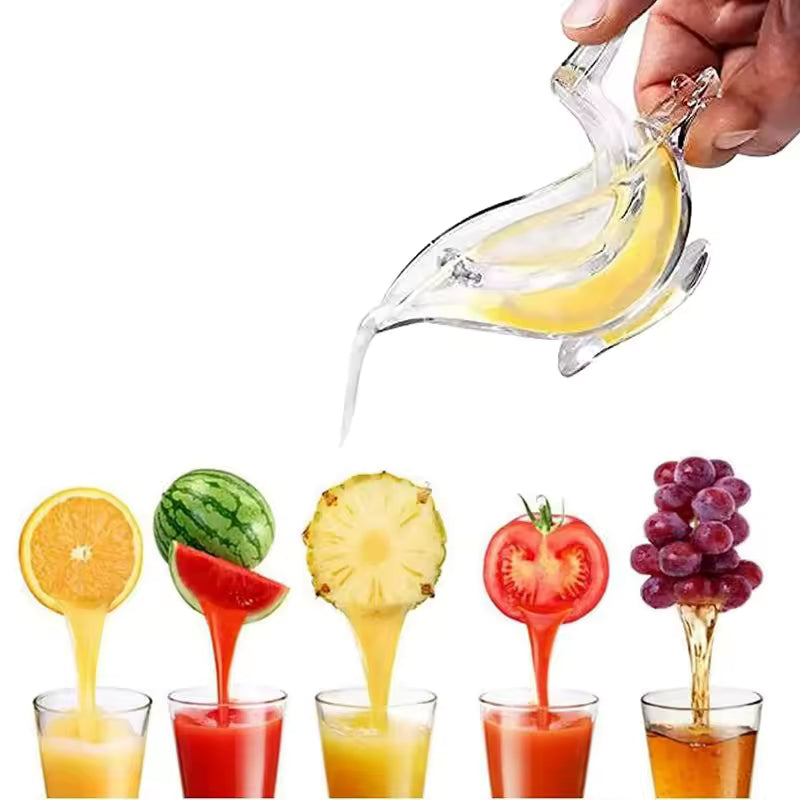Portable acrylic lemon squeezer pouring juice above five glasses filled with various fresh fruit juices