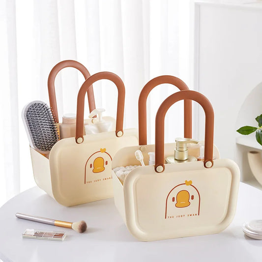 Clarify.pk portable bathroom storage basket in beige with brown handles holding toiletries and grooming items