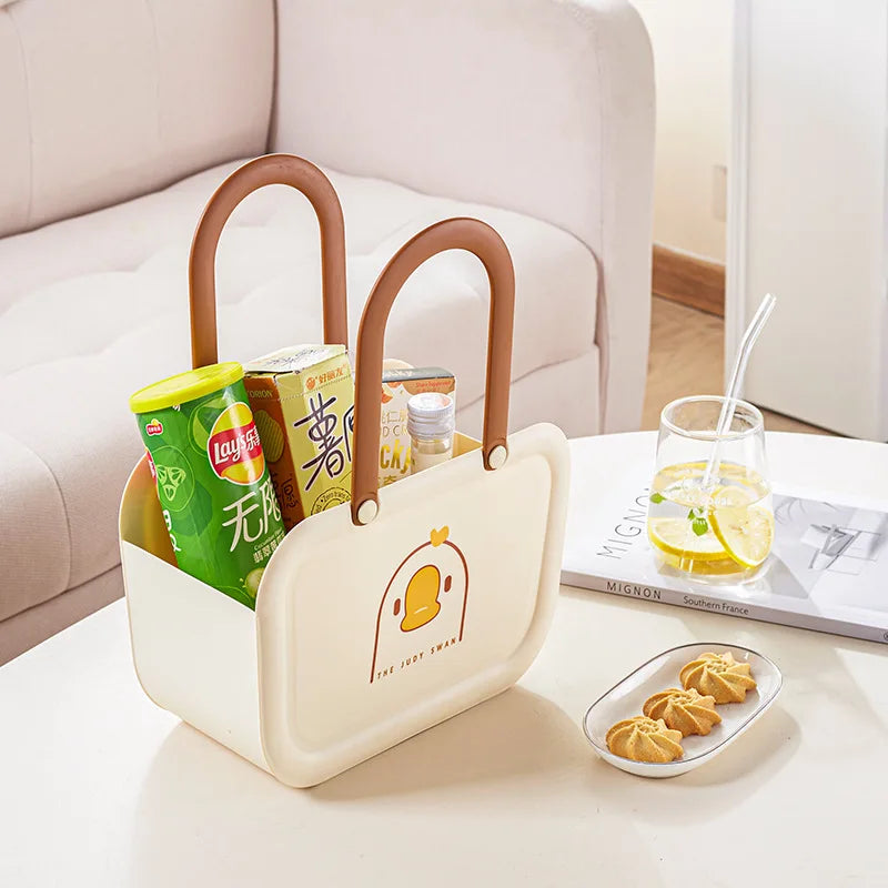 Clarify.pk portable bathroom storage basket with brown handles holding snacks and drinks on white table
