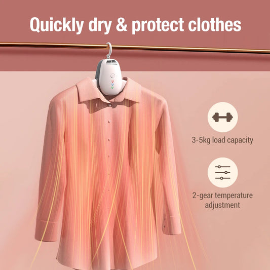 Clarify.pk portable clothes dryer drying a pink shirt with 3-5kg load capacity and 2-gear temperature adjustment