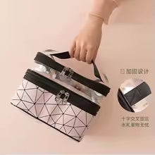 Clarify.pk portable cosmetic storage organizer with geometric design and dual zipper compartments