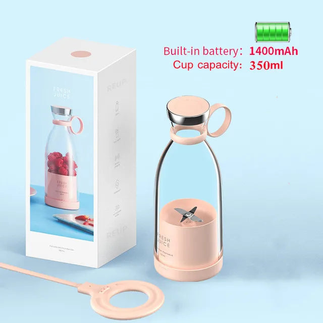 Clarify.pk portable electric juicer blender with 1400mAh battery and 350ml cup capacity in pink