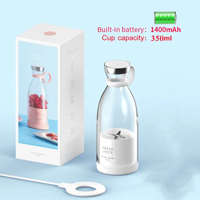 Portable electric juicer blender with built-in 1400mAh battery and 350ml cup capacity in sleek white design