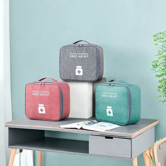 Clarify.pk portable first aid kit bag in gray red and green colors for travel and emergency use