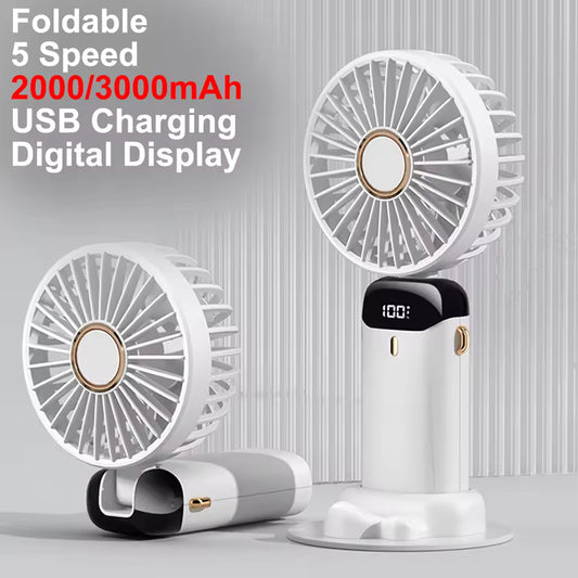 Clarify.pk portable handheld fan rechargeable with foldable design 5 speed USB charging and digital display