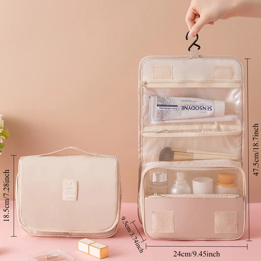 Clarify.pk portable hanging toiletry bag in beige with multiple compartments for travel essentials