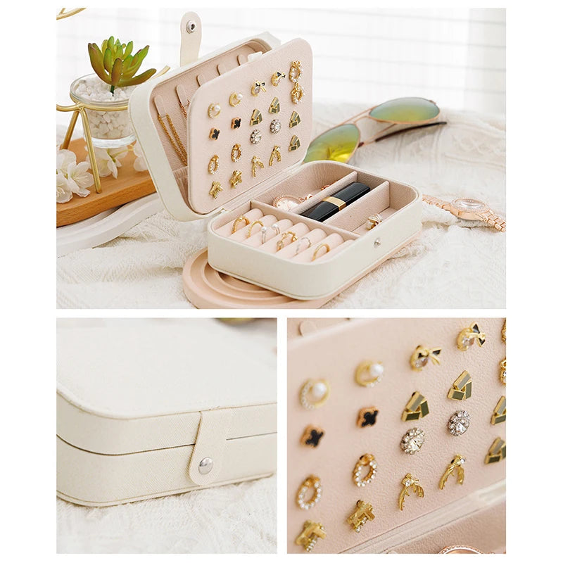 Clarify.pk portable jewelry storage box in beige with compartments for earrings rings and necklaces