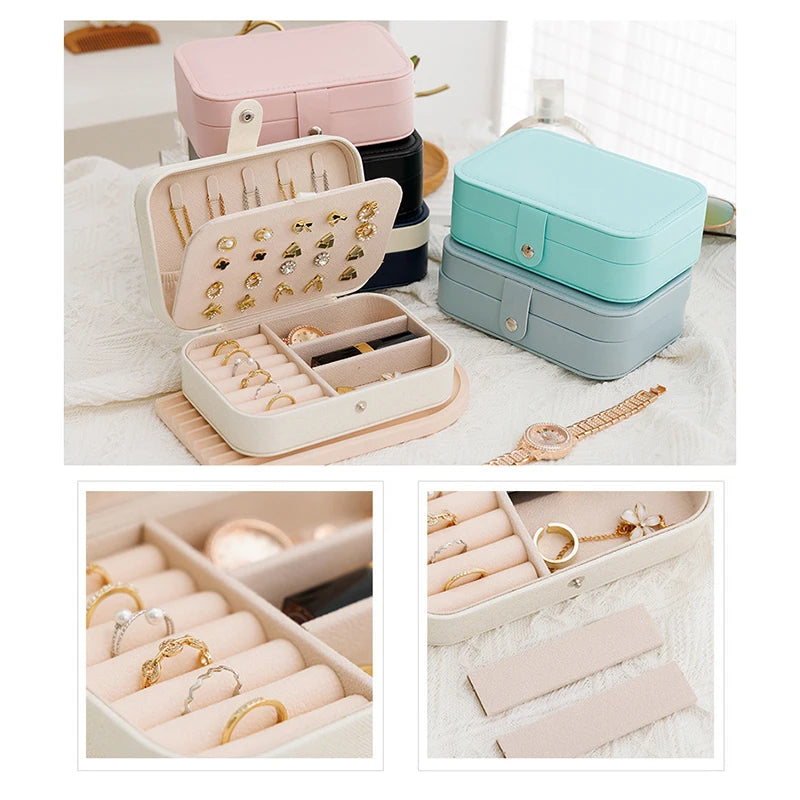 Clarify.pk portable jewelry storage box in pastel colors with compartments for rings, earrings, and necklaces