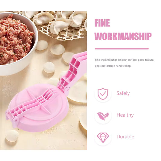 Portable kitchen dumpling press in pink with ergonomic handle making dumplings with fresh filling