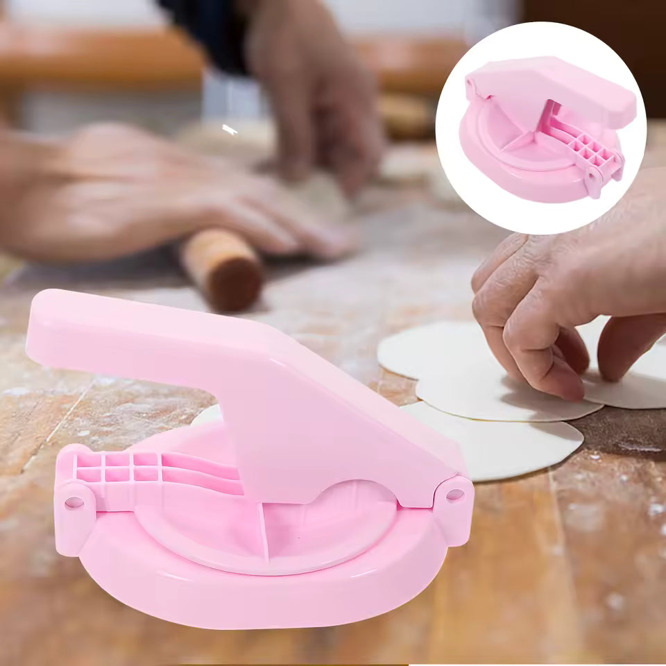 Clarify.pk pink portable kitchen dumpling press on wooden surface with hands preparing dumpling dough