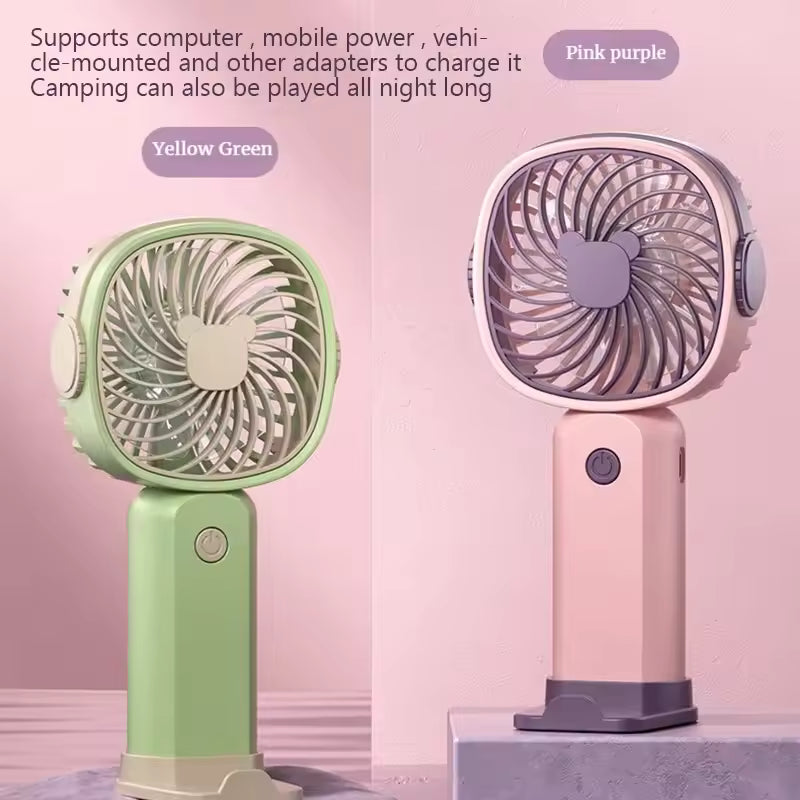 Yellow green and pink purple portable mini fan USB rechargeable with compact design and power button