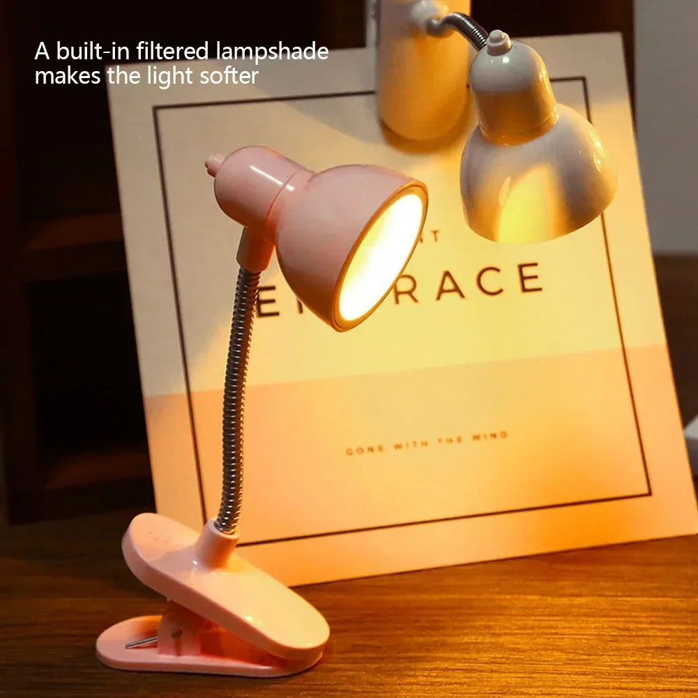 Clarify.pk portable mini night light with built-in filtered lampshade for softer light on wooden desk