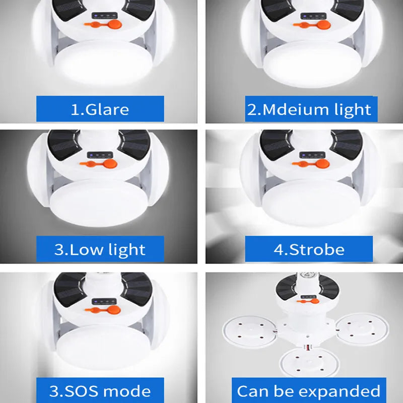 Portable rechargeable led lantern with multiple lighting modes including glare, medium light, low light, strobe, SOS mode, and expandable panels