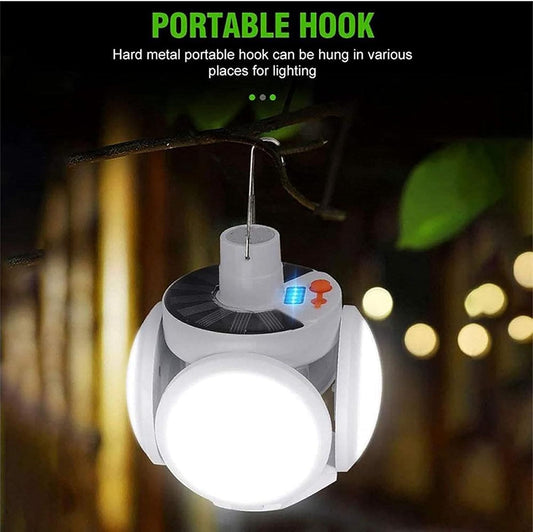 Portable rechargeable led lantern with hard metal hook hanging on tree branch for outdoor lighting