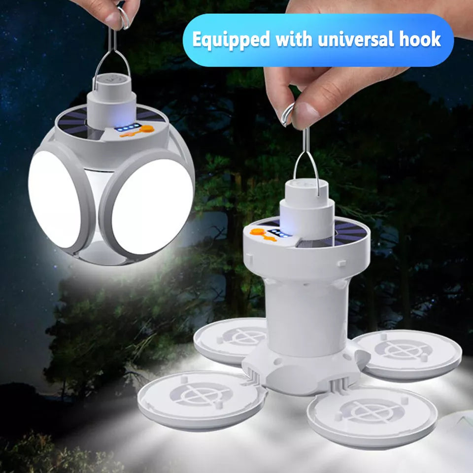 Clarify.pk portable rechargeable led lantern with universal hook and foldable light panels for outdoor use