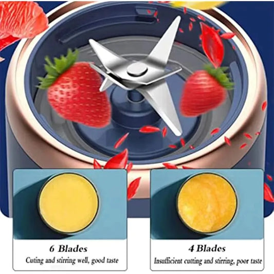 Close-up of portable USB juicer blender blades with fresh strawberries and smoothie texture comparison