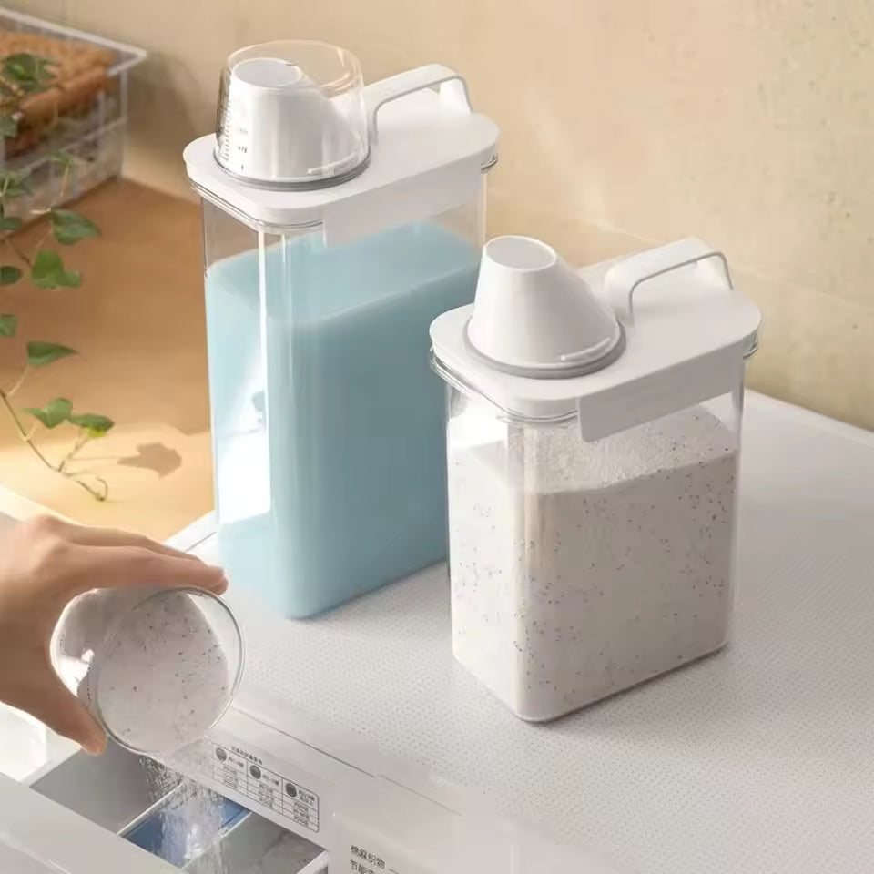 Clarify.pk portable washing powder dispenser set with white lids and measuring cups for laundry storage