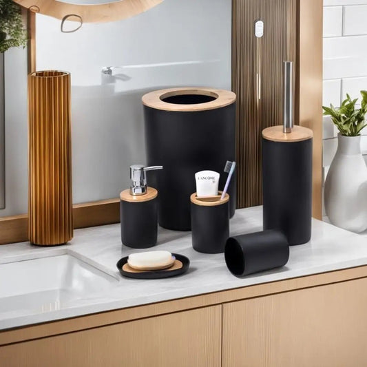 Premium 6 piecea bathroom accessories set in black and wood finish on white countertop