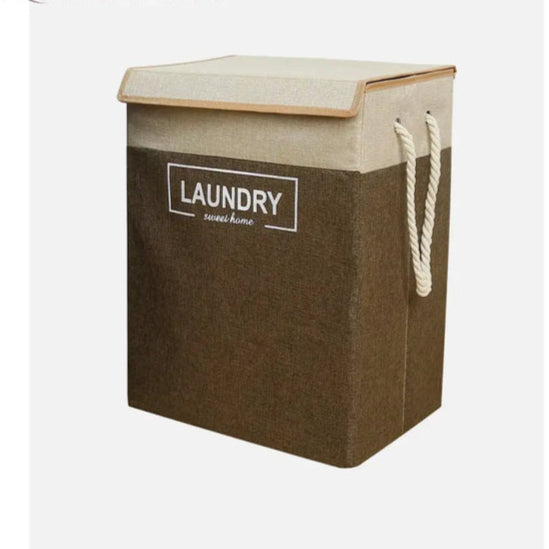 Clarify.pk premium laundry basket with lid in brown and beige with rope handles for easy carrying