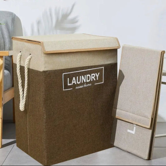 Premium laundry basket with lid in brown and beige fabric with rope handles and laundry text design