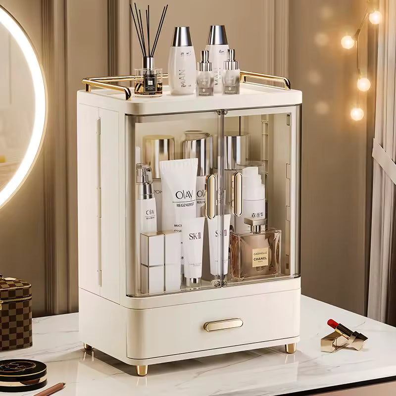Clarify.pk premium makeup organizer box with transparent doors and gold handles for elegant storage