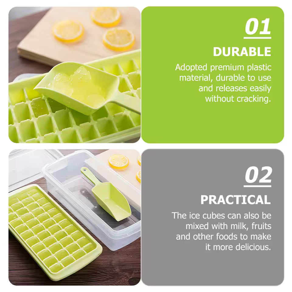 Clarify.pk premium plastic 36 grid ice cube tray in green with ice cubes and lemon slices on wooden surface