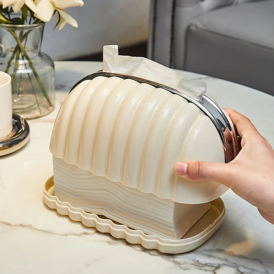 Clarify.pk premium plastic tissue holder canister with cream ridged design on marble table