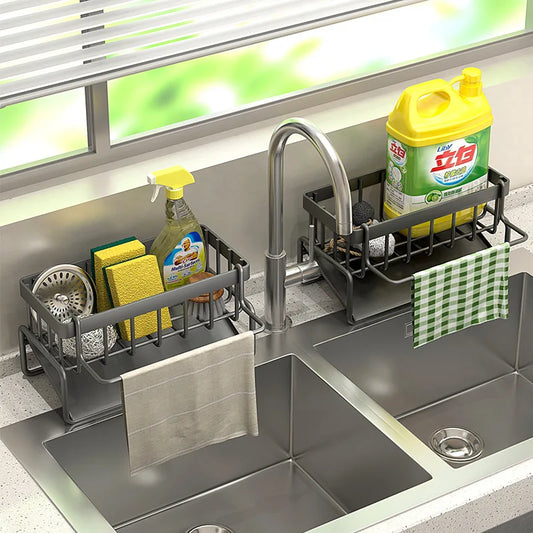 Clarify.pk premium stainless steel sponge holder sink drain rack with dual compartments and towel holder