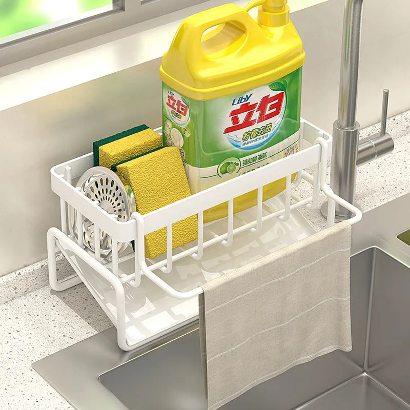 Clarify.pk sink drain rack with premium stainless steel sponge holder and towel bar for kitchen organization