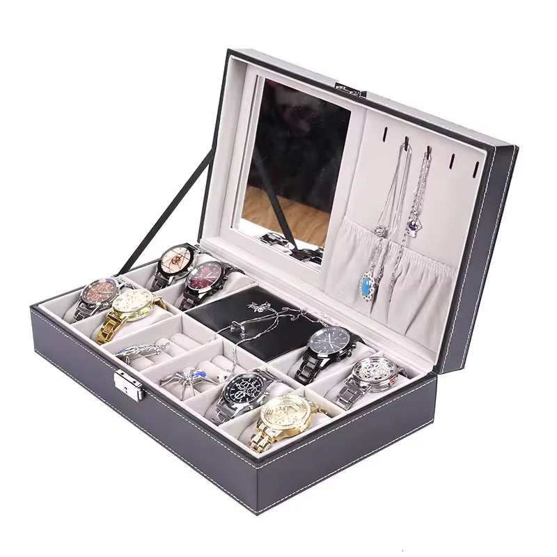 Clarify.pk PU leather watch box with multiple compartments, mirror, and jewelry hooks for organized storage