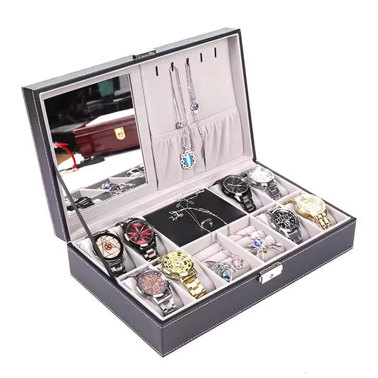 PU leather watch box with multiple compartments for watches and jewelry by Clarify.pk
