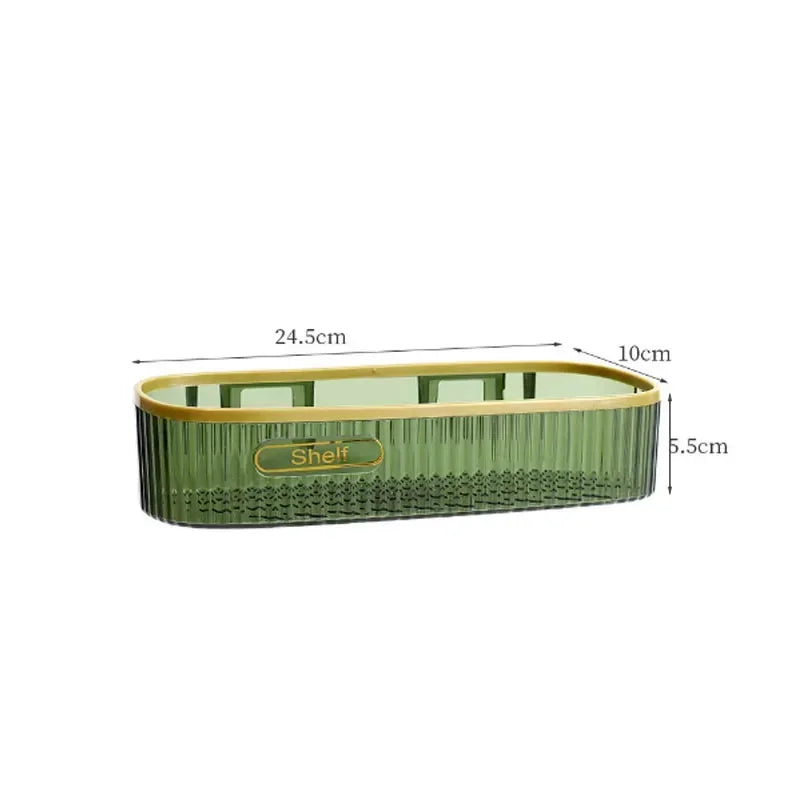 Clarify.pk plastic punch-free bathroom shelf in green with gold trim, rectangular shape 24.5 cm long