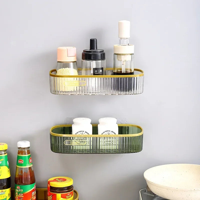 Clarify.pk plastic punch-free bathroom shelf set with transparent and green compartments holding toiletries