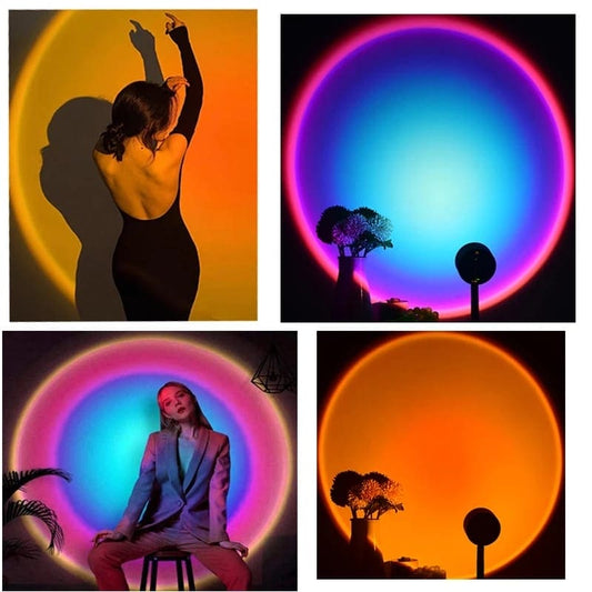 Rainbow sunset lamp for home decor casting colorful circular light on walls in different room settings