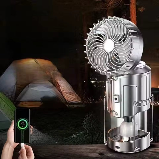 Clarify.pk rechargeable camping emergency light with built-in fan and LED lantern for outdoor use