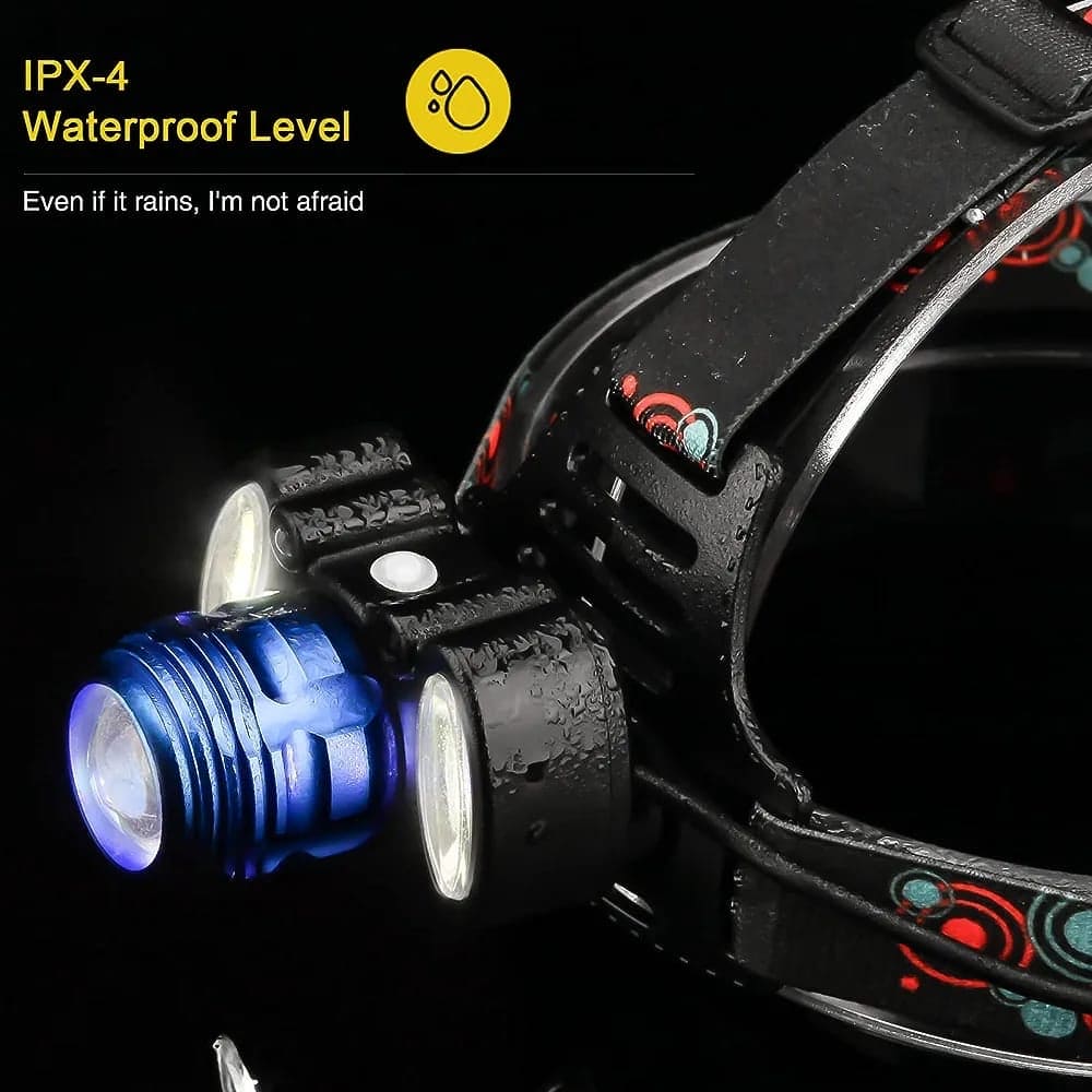 Waterproof rechargeable LED headlamp with IPX-4 rating and adjustable strap for outdoor use