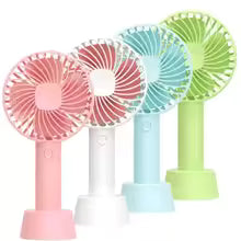 Rechargeable mini portable fan in pink white blue and green colors with compact handheld design