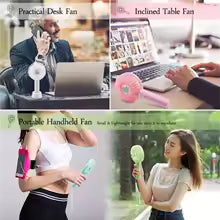 Clarify rechargeable mini portable fan in various uses including desk, inclined, and handheld fan