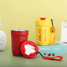 Leakproof thermos coffee mug in red and yellow with secure lids and carrying straps by Clarify.pk