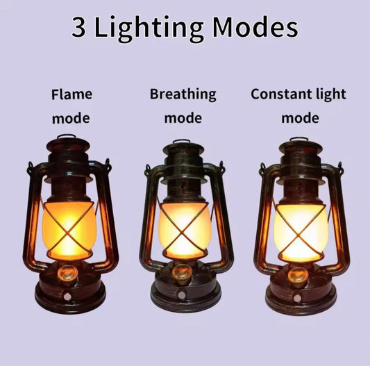 Retro portable lantern rechargeable showing three lighting modes including flame breathing and constant light