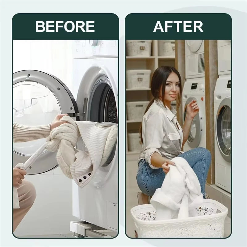 Before and after laundry comparison showing clean clothes using reusable laundry dryer balls from Clarify.pk