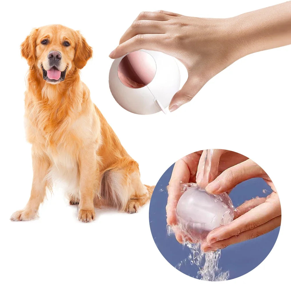 Reusable lint roller ball by Clarify pk shown with a golden retriever and being washed under water