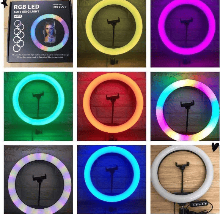 RGB ring light for makeup showing multiple color modes and adjustable brightness levels