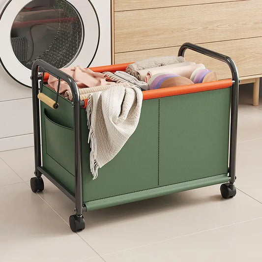 Clarify.pk rolling storage cart with wheels in green and orange holding blankets and toys